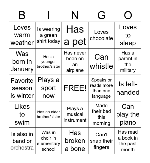 New Student Bingo Card