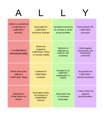 Pride Allyship Bingo Card