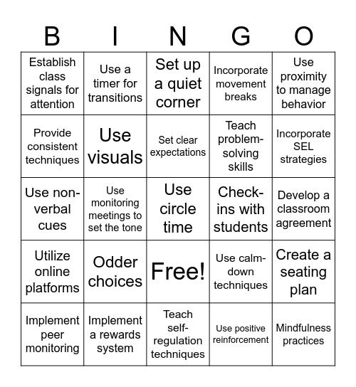 Behavioral Strategies Bingo Card