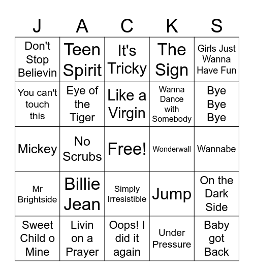 Throwback Hits Bingo Card