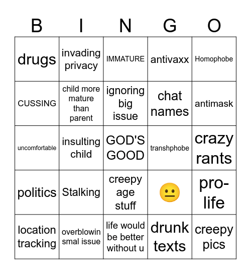 Insane Parents Bingo Card