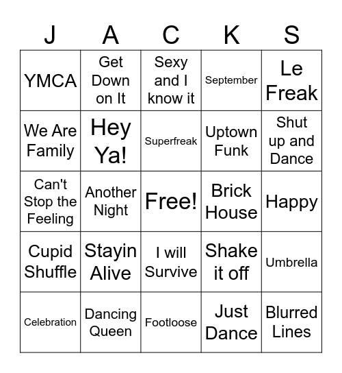 Dance Party Bingo Card