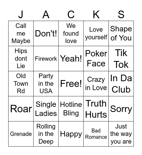 00-20 Hits Bingo Card