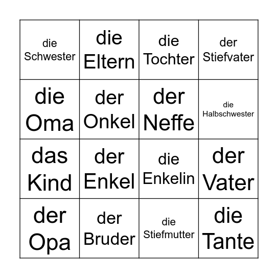 die Familie Bingo Card