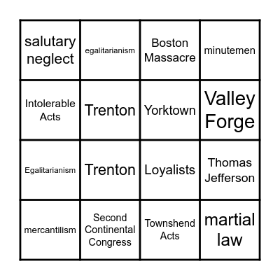 American Revolution Bingo Card