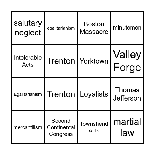 American Revolution Bingo Card