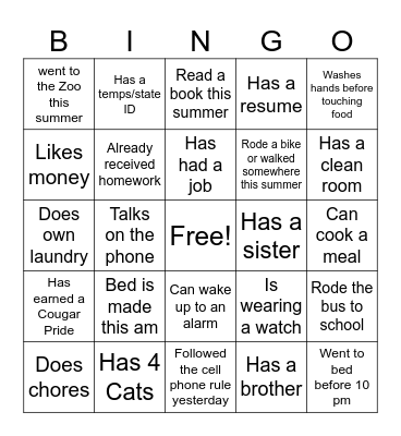Transition Seminar Bingo Card