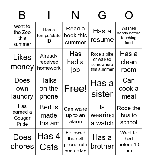 Transition Seminar Bingo Card