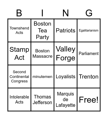 American Revolution Bingo Card