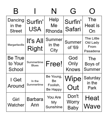 Summer/Beach Music Bingo Card