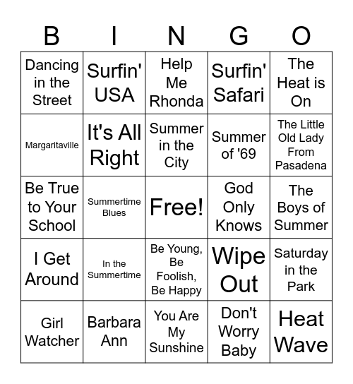 Summer/Beach Music Bingo Card