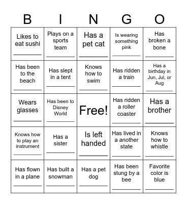 Getting To Know You Bingo Card