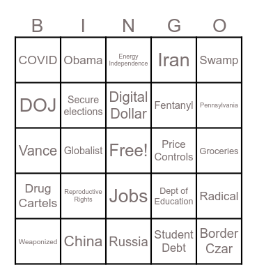 September 10 Presidential Debate Bingo Card