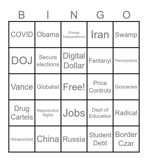 September 10 Presidential Debate Bingo Card