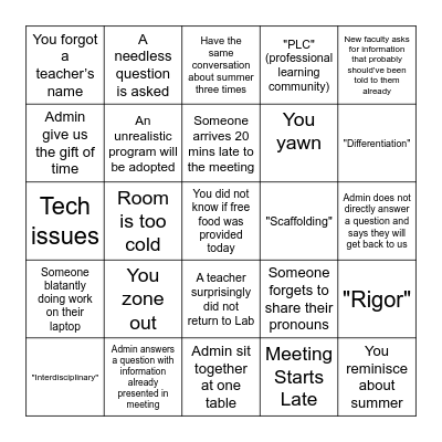 Welcome Back Meeting Bingo Card