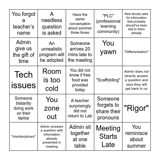 Welcome Back Meeting Bingo Card