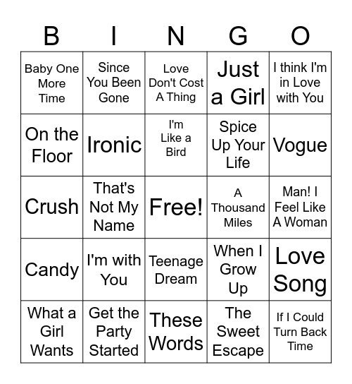 90/2000s White Girls Bingo Card