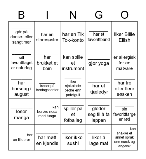 Bli kjent-Bingo Card
