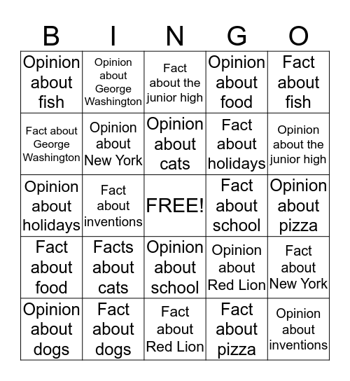 Fact vs. Opinion Bingo Card