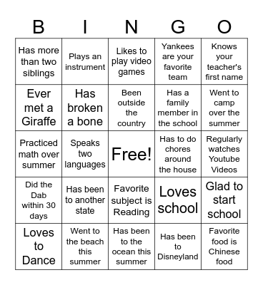 First Day of School Bingo Card