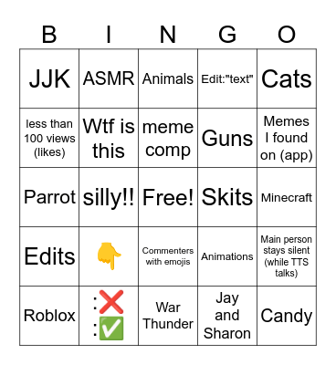 YT Shorts Bingo Card