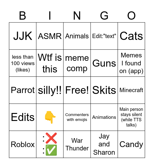 YT Shorts Bingo Card