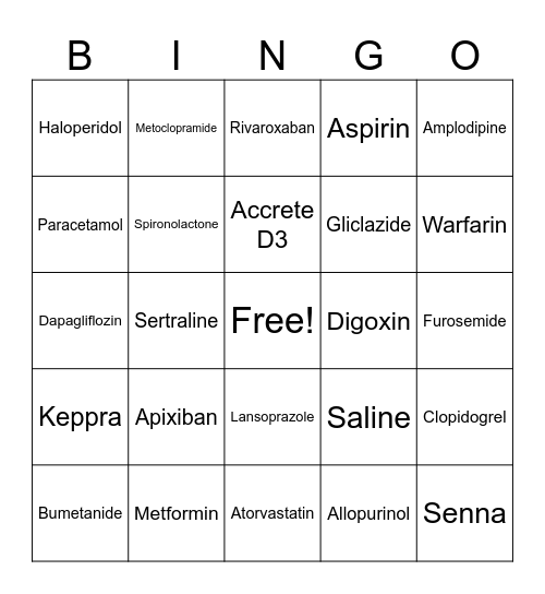 Medication Bingo Card