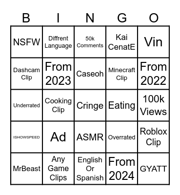 Youtube BINGO Card