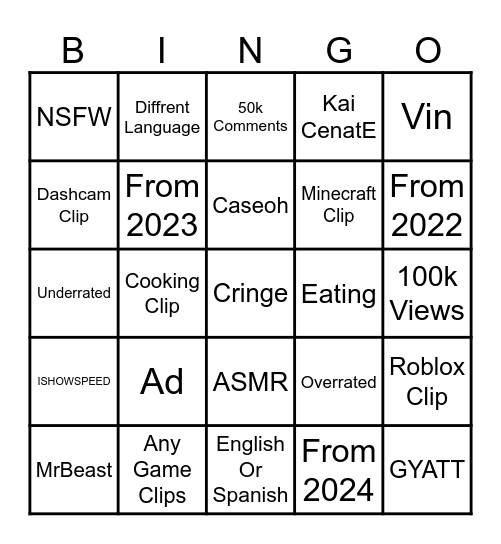 Youtube BINGO Card