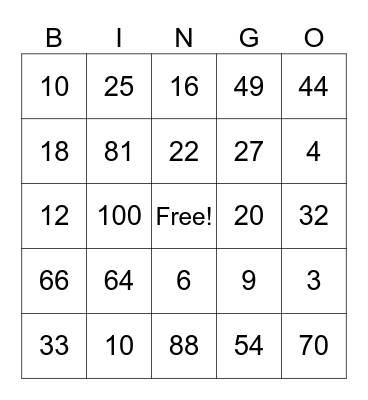 Multiplication Bingo Card
