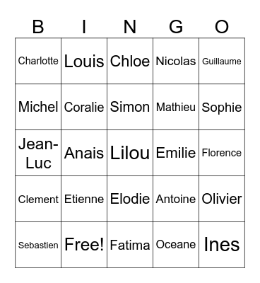 French Names Bingo Card