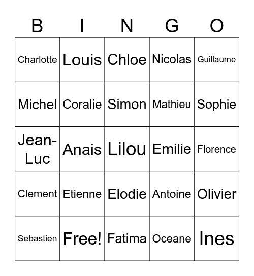 French Names Bingo Card