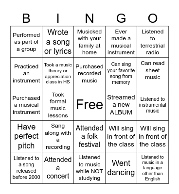 World Music Bingo Card