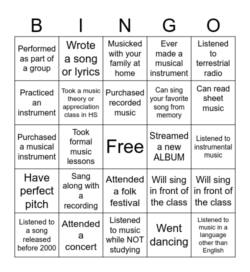 World Music Bingo Card