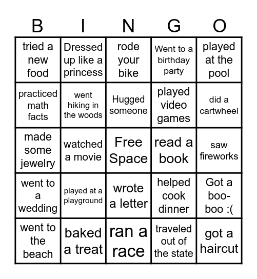 SUMMER BREAK BINGO Card