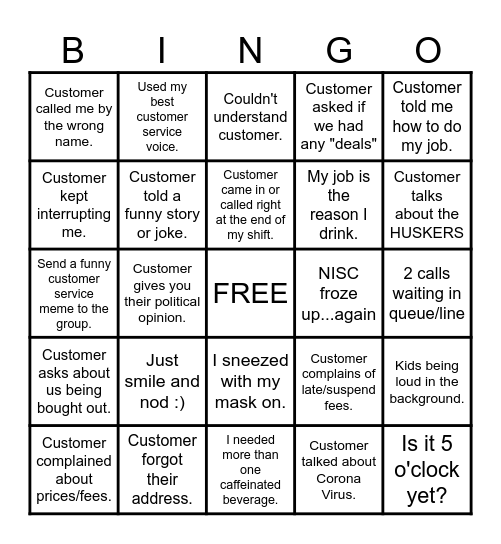 CUSTOMER SERVICE BINGO Card