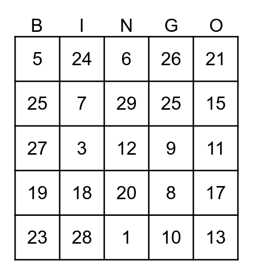 Number Bingo 1-20 Bingo Card
