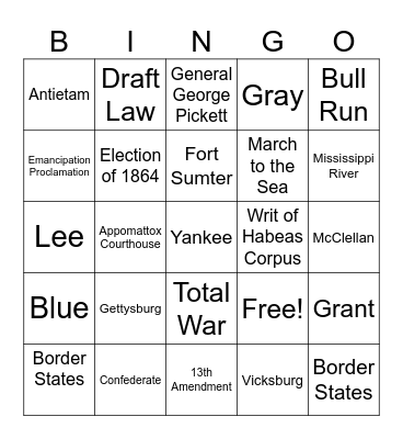 Civil War Bingo Card