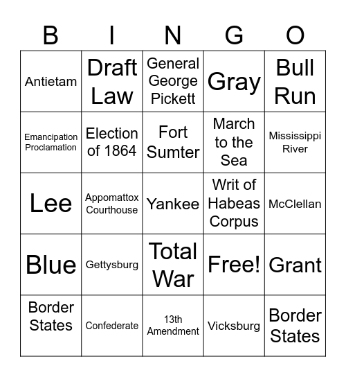 Civil War Bingo Card