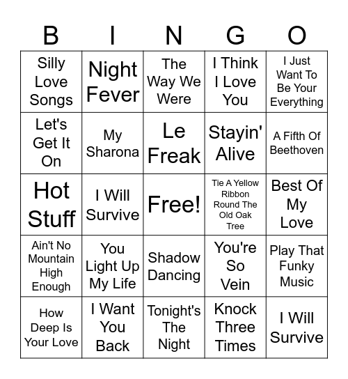 1970's Hits Bingo Card