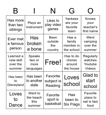 First Day of School Bingo Card