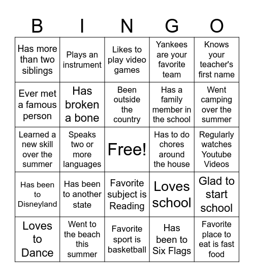 First Day of School Bingo Card