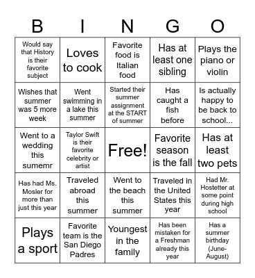 Student Bingo Card