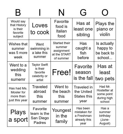 Student Bingo Card