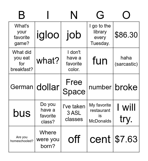 Untitled Bingo Card