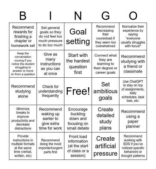 Neurodiversity Tips Bingo Card
