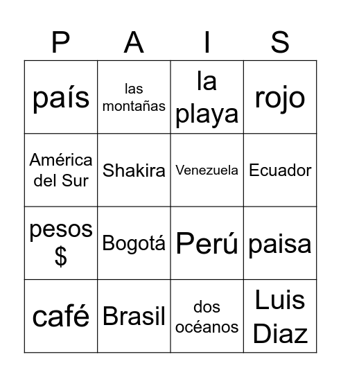COLOMBIA Bingo Card