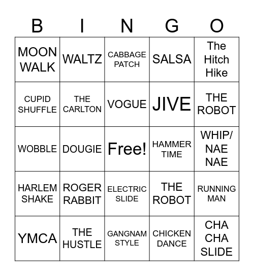 DANCE Bingo Card