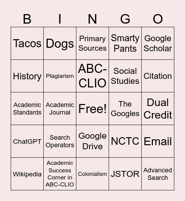 Dual Credit Research Bingo Card