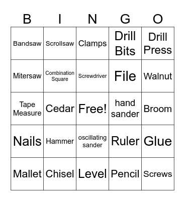 Wood working Tools Bingo Card
